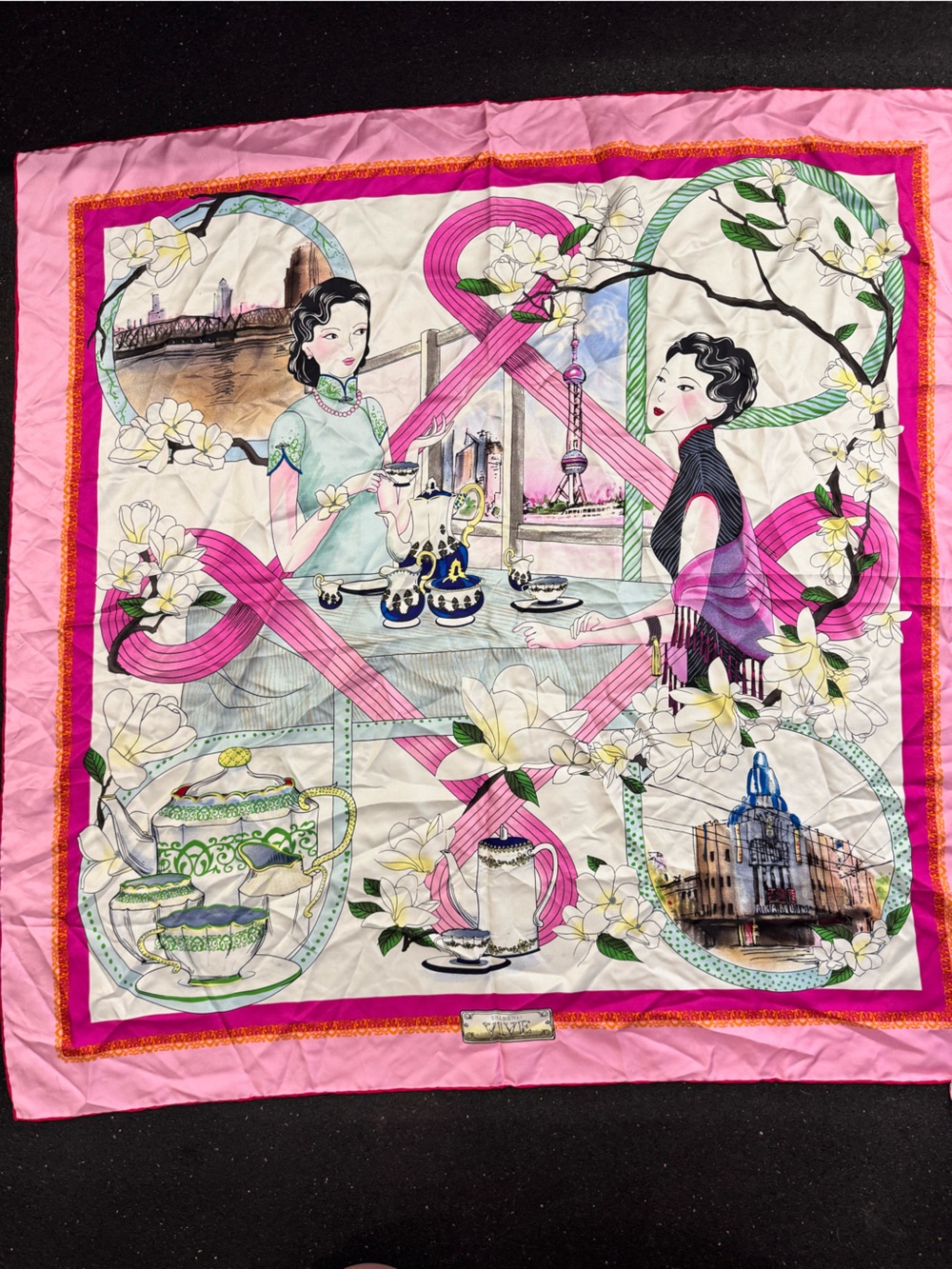 Shanghai Vive Silk Pink Floral Scarf with Illustrated Tea Scene